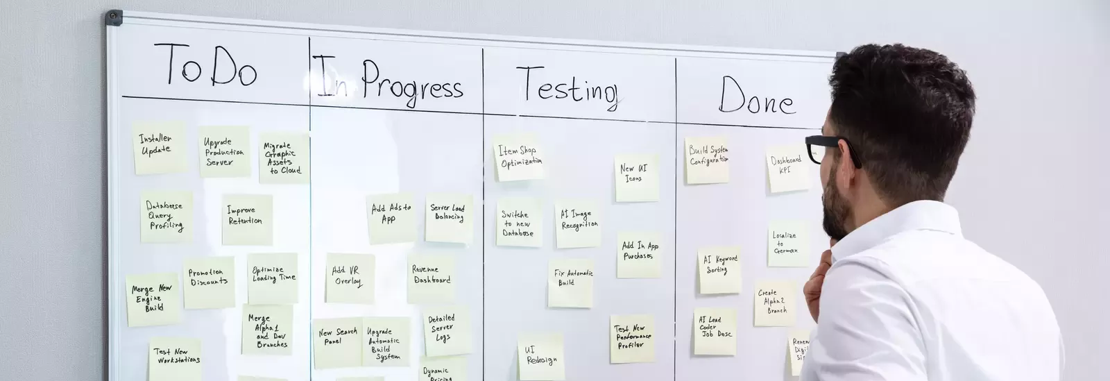 Foto eines KANBAN Boards mit einem Mann der davor steht und auf das Board schaut