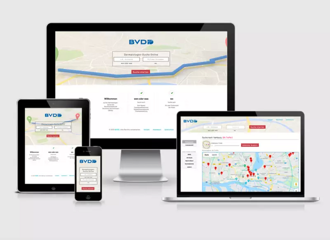 Die responsive Webseite der Dermatologen Suche des BVDD e.V. dargestellt auf einem Monitor, Notebook, Tablet und Smartphone