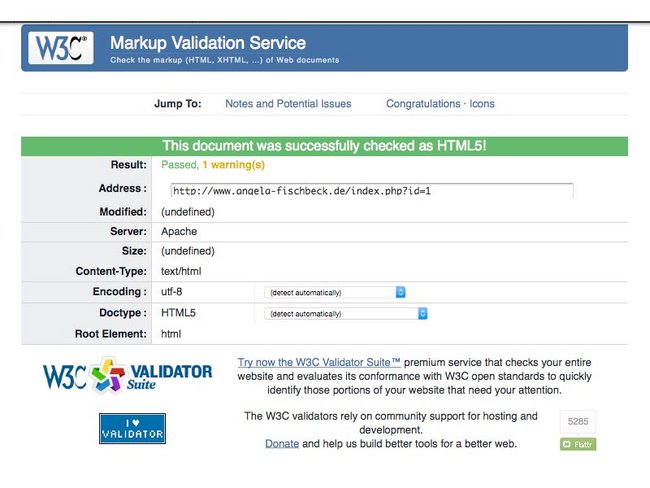 Screenshot Testergebnis vom W3C Markup Validation Service:"Congratulations - The document located at https://www.angela-fischbeck.de was successfully checked as HTML5."