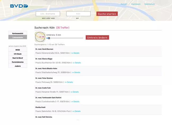 Screenshot Suchergebnis in Listenansicht
