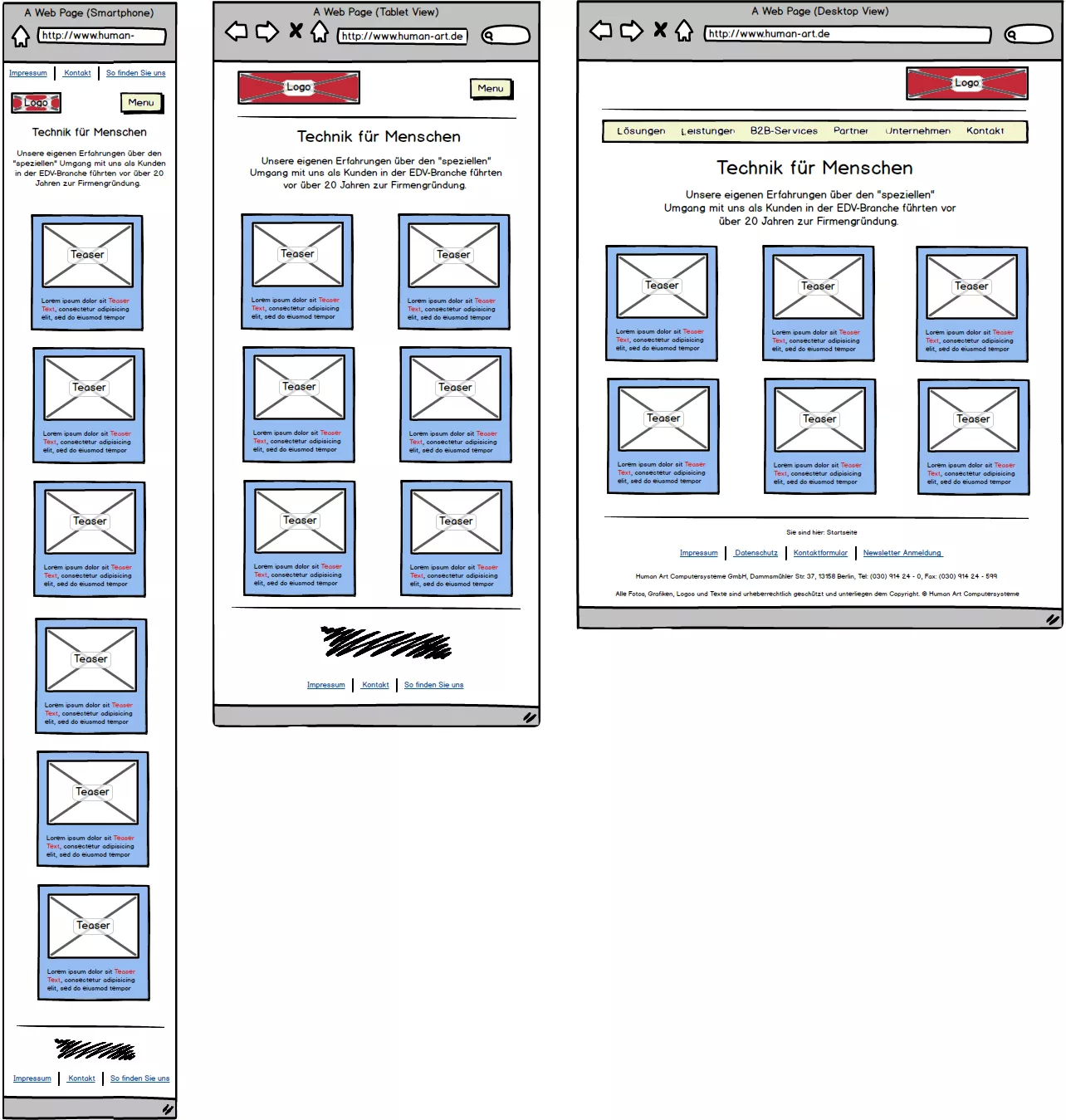 Schematische Darstellung der Startseite von www.human-art.de als Wireframe. Angezeigt wird die unterschiedliche Anordnung der Teaser für die Smartphone-, Tablet- und Desktop-Ansicht.