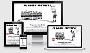 Screenshot des Artikels von Ethan marcotte über Responsive Webdesign. dargestellt auf einem Desktopmonitor, Notebook, tablet und Smartphone.