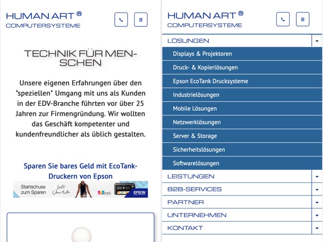 Screenshot Smartphone Viewport mit mobiler Navigation der Human-Art Website