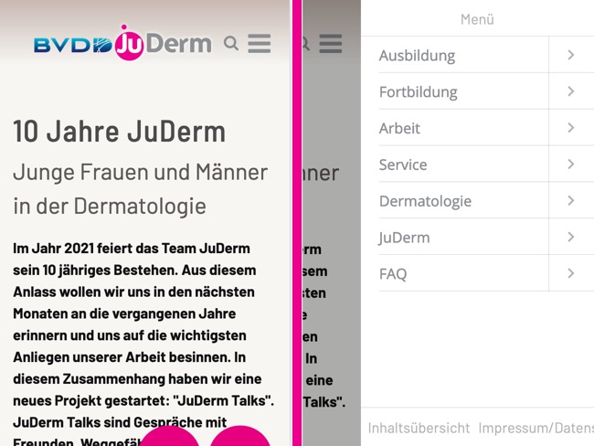 Screenshot mobile Website von Juderm. Links mit Toaster und rechts mit von rechts nach links eingefahrenes SlidIn Menu